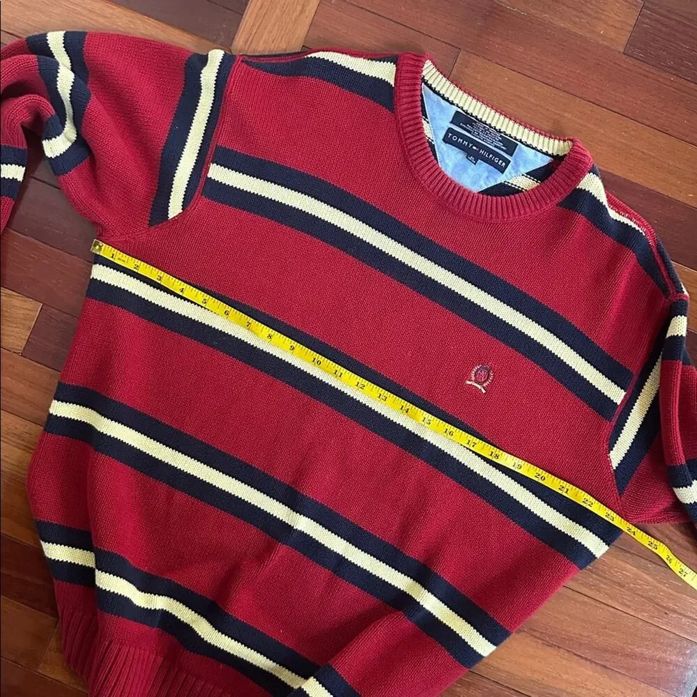 Vintage 90s Tommy Hilfiger Red Navy Striped Crewneck Sweater Collegiate Mens XL